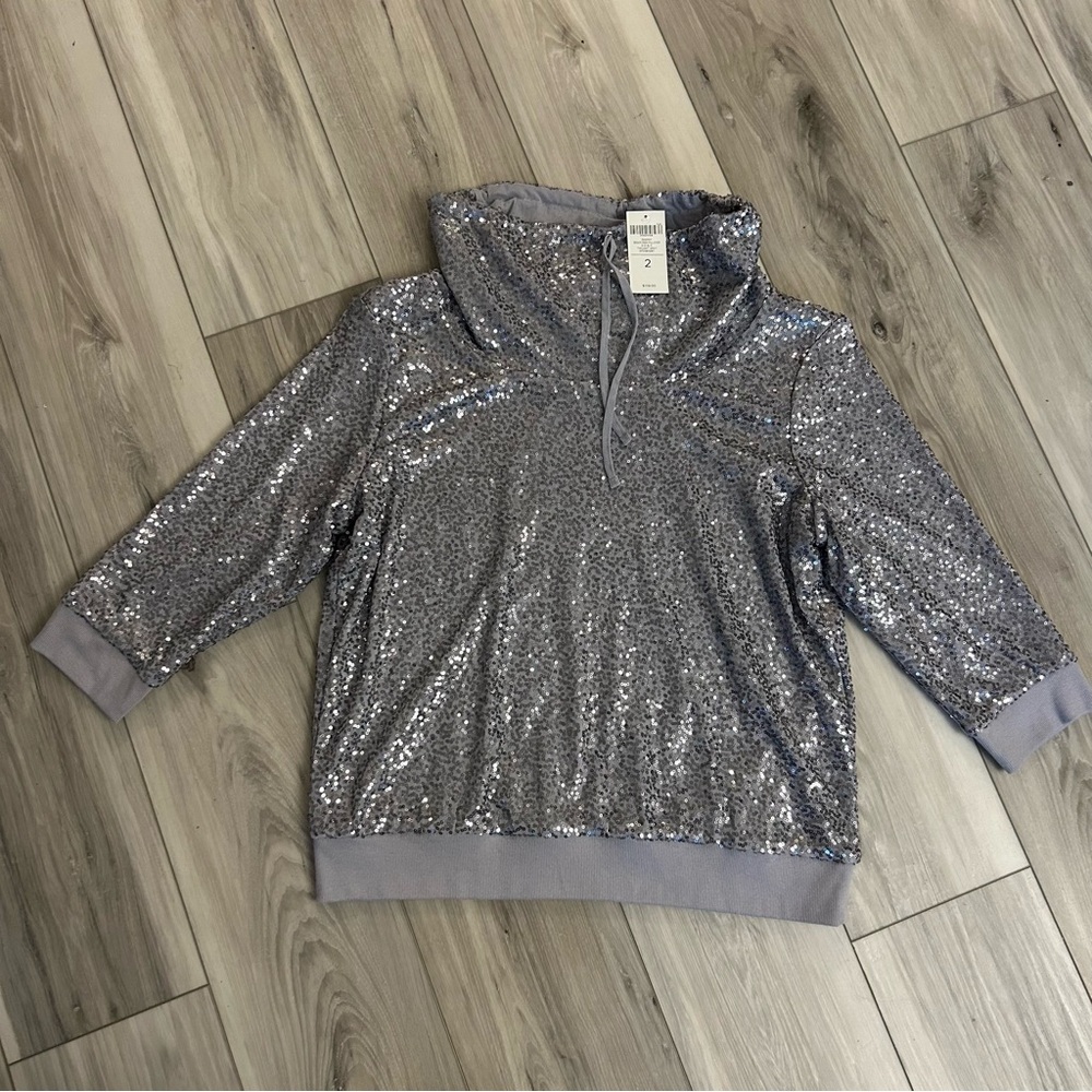 Zenergy By Chicos Sequin Mesh Pullover 3/4 Sleeve Twilight Gray 2 NWT $109